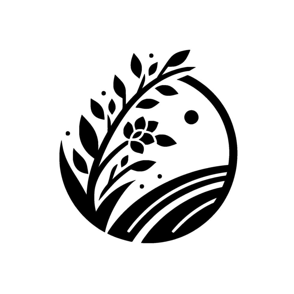 Minimalist Black and White Floral Emblem A stylized plant with leaves, a flower, and a sun, framed within a circle, conveying nature and peace. vector
