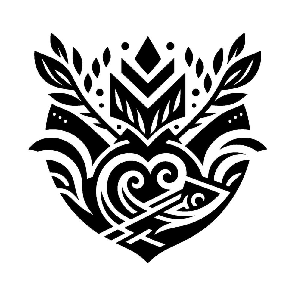 Intricate Black and White Tribal Crest with Heart, Foliage, Geometric Elements, and Ornate Patterns. vector