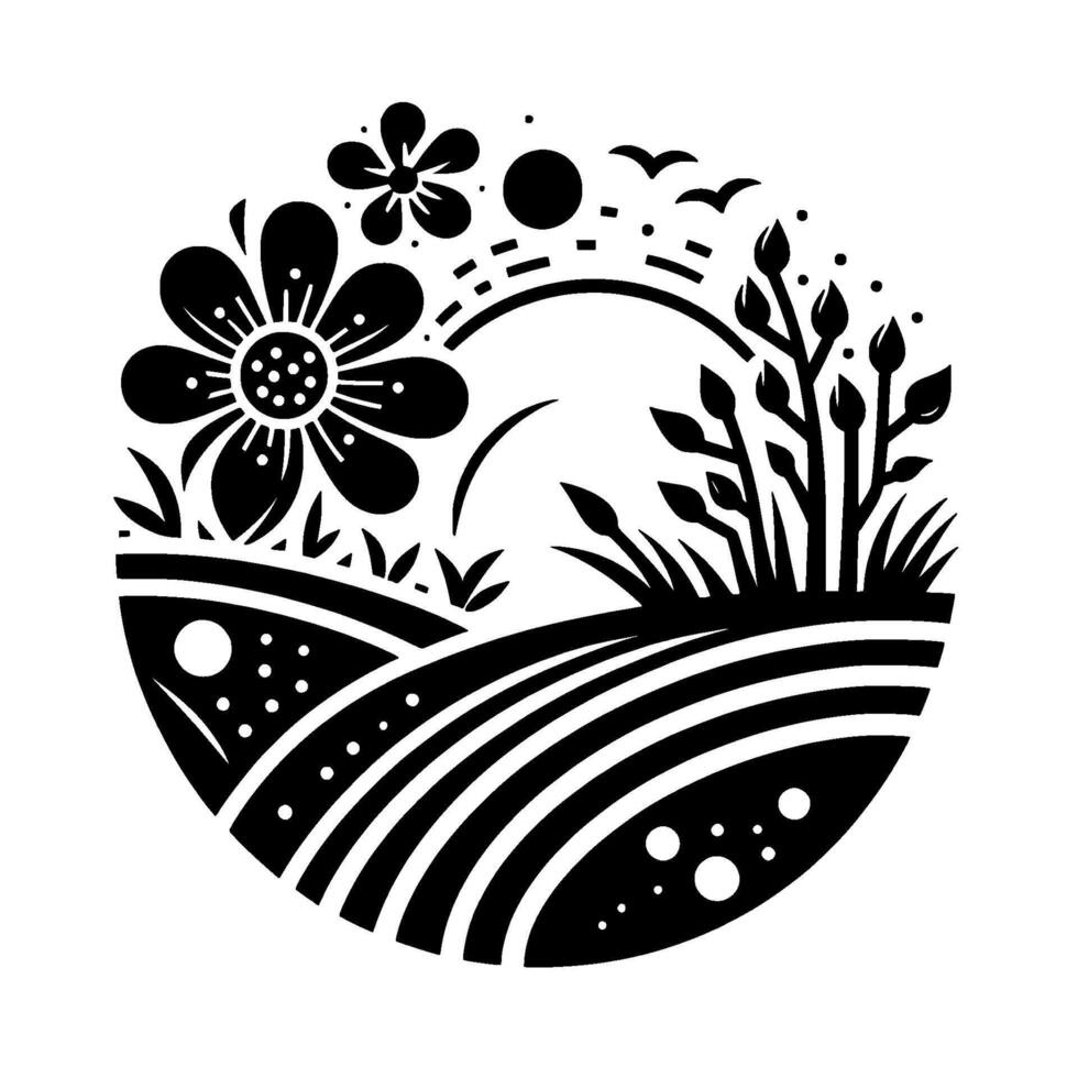 Elegant Black and White Floral and Field Landscape Illustration Within a Circular Frame, featuring wildflowers, sunrise and flying birds. vector