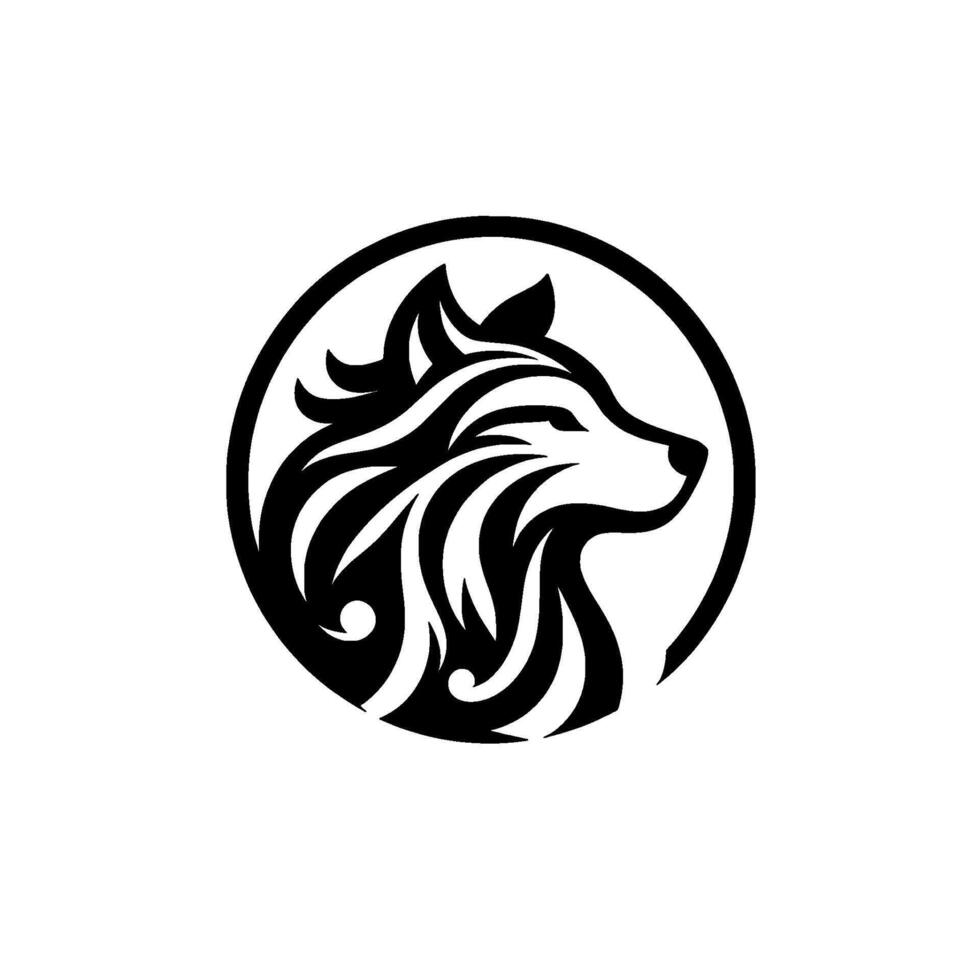 Monochromatic Emblem Stylized Wolf Head Inside a Circle, Featuring Intricate Swirls for Fur, Representing Loyalty and Strength. vector