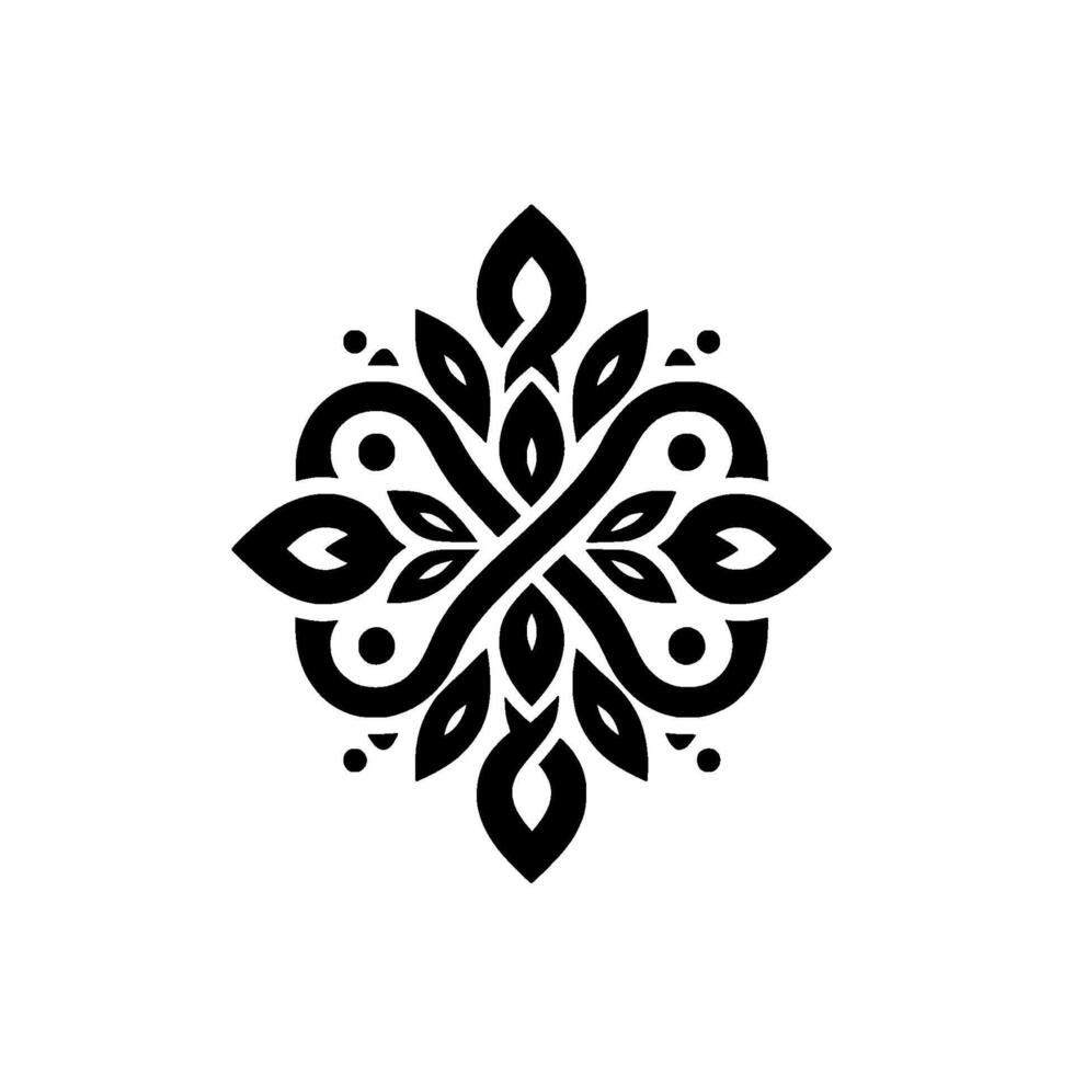 Intricate symmetrical black floral featuring interwoven stylized leaves, loops, and dots, set against a pristine white background. vector