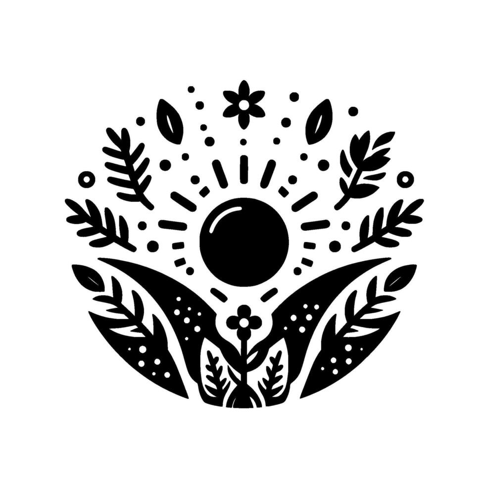 Stylized Black and White Circular Composition Featuring a Central Sun, Botanical Elements, and Dot Accents. vector