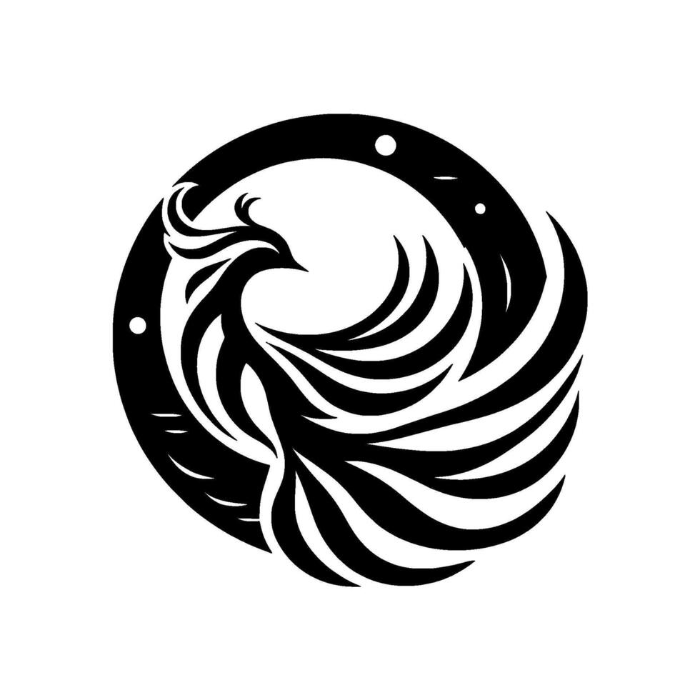 Elegant Black and White Phoenix Rising Within a Circle, Embodying Symbolism of Rebirth and Transformation. vector