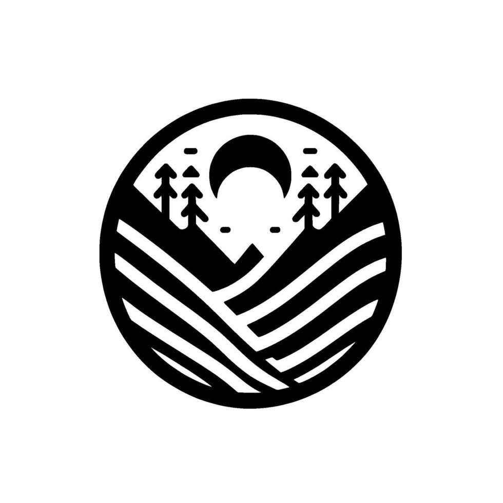 Minimalist Black and White Circle Depicting a Landscape with Mountains, Crescent Moon, and Pine Trees. vector