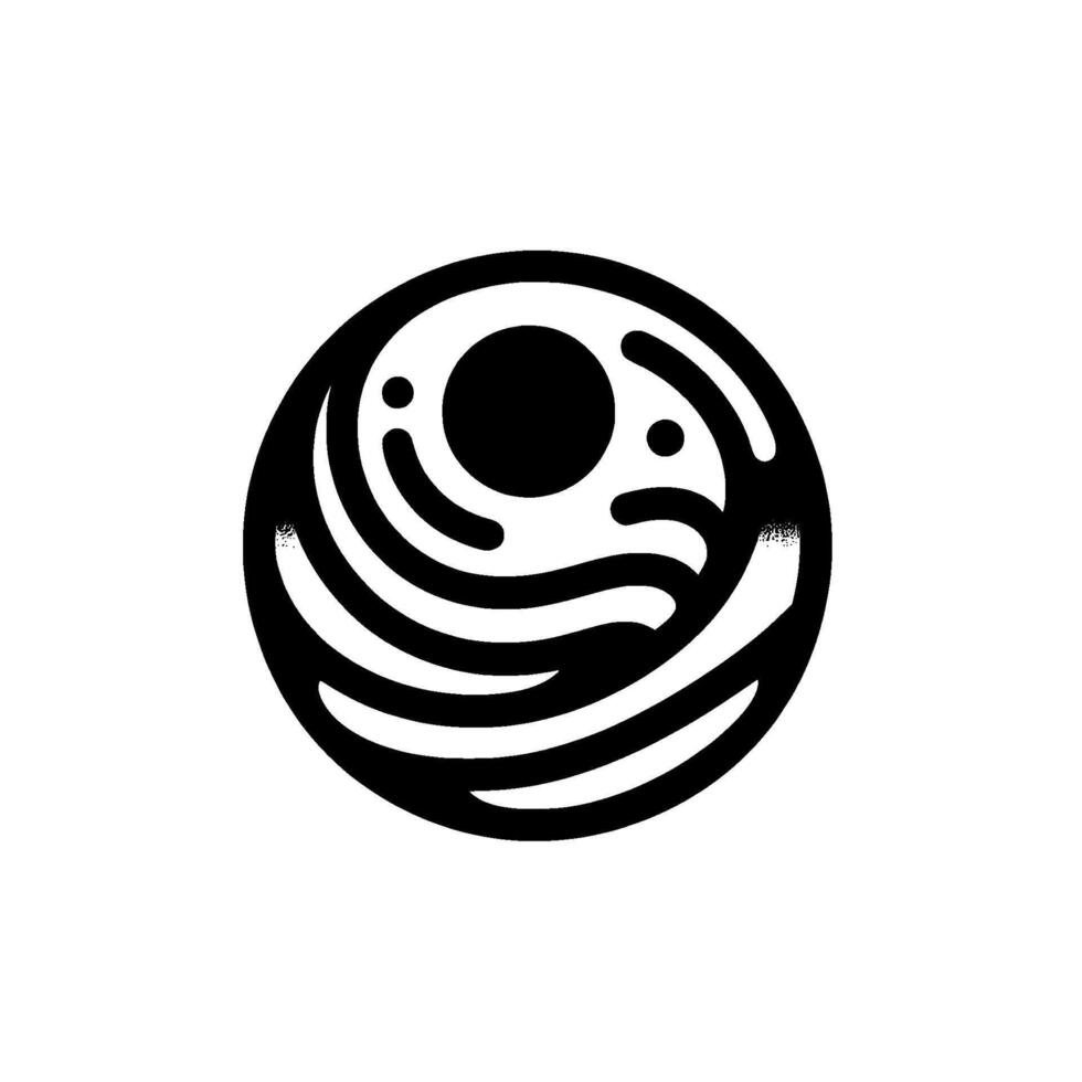 Abstract monochrome circular featuring layered wavelike lines, a central dark circle and surrounding dots, set against a stark white background. vector
