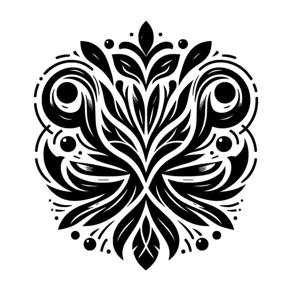 Intricate symmetrical floral in a minimalist black and white style featuring swirling motifs, stylized leaves, and dot accents, creating a balanced composition. vector