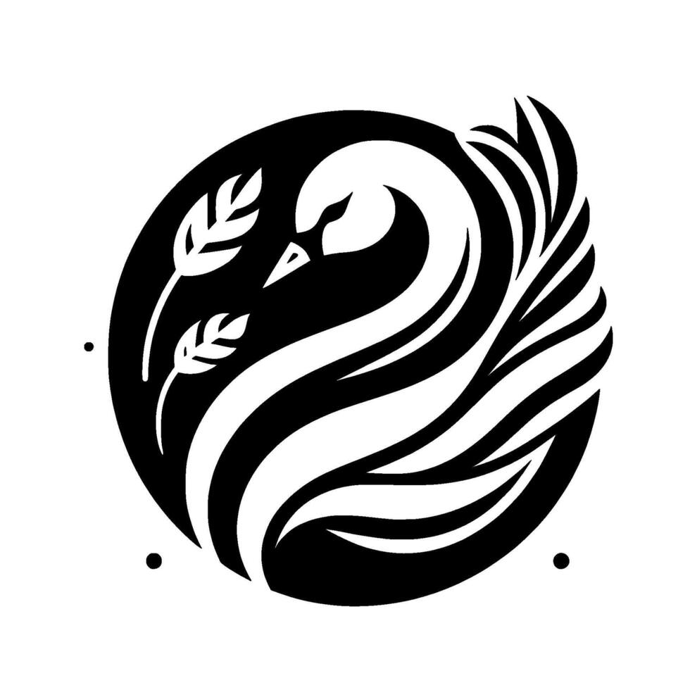 Elegant black and white swan , enclosed in a circle, featuring wheatlike sprigs. Minimalist with a sleek modern aesthetic. vector