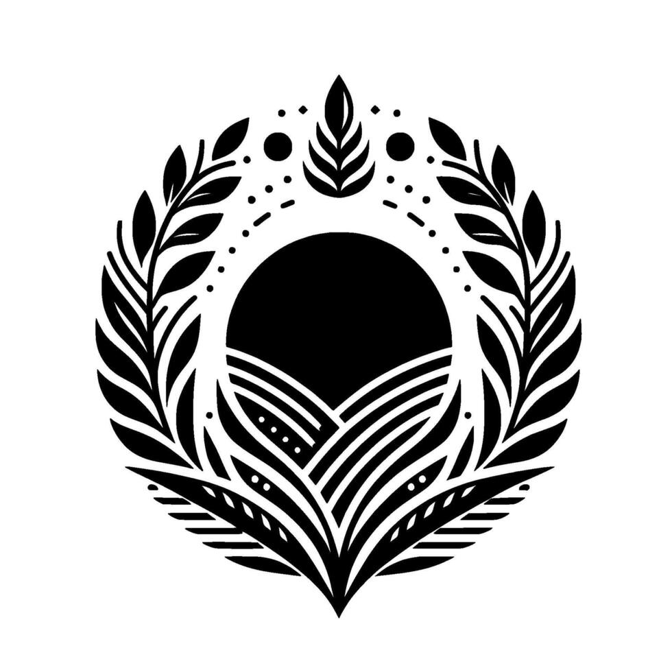 A minimalist black and white emblem a stylized sun or moon in a floral wreath, evoking natures harmony and geometric elegance. vector