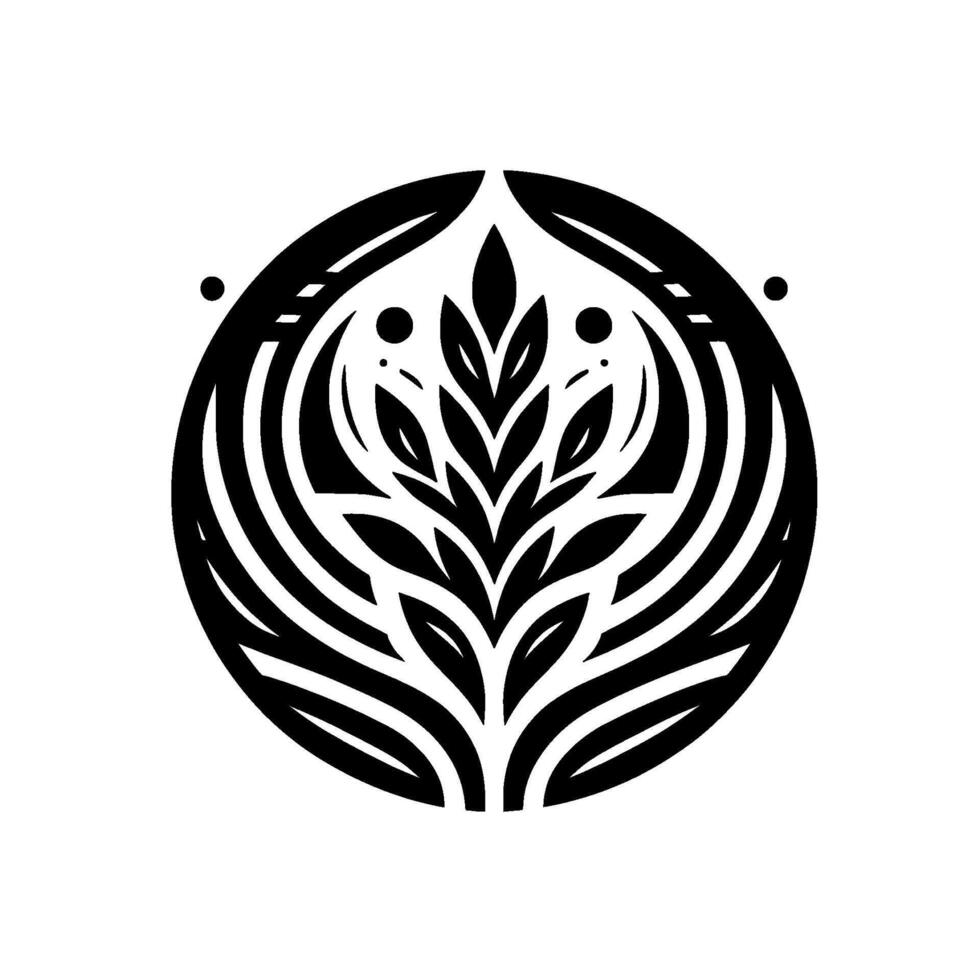 Intricate black and white floral emblem, symmetrical featuring leaves and a stylized organic pattern, enclosed within a circular frame, minimalist art vector