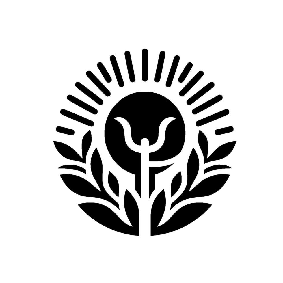 Symbolic Black and White Sun Radiance framing a psychological symbol within a laurel wreath, on white background. vector
