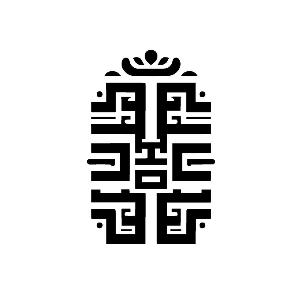 A symmetrical, abstract featuring a stylized black and white East Asian inspired glyph. The is enclosed within an oval shape. vector