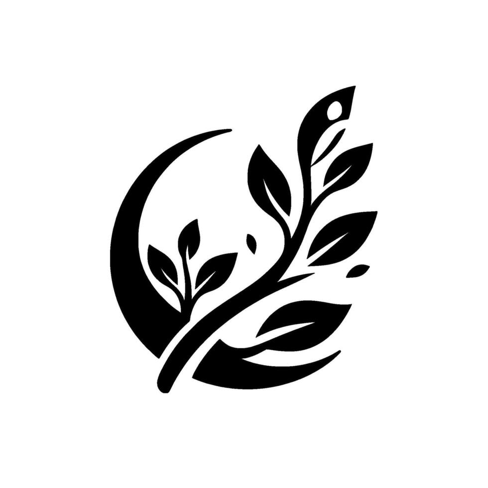 Minimalist Monochrome Illustration A Branch with Leaves Embellished with a Circle, Evoking Serenity and Organic Growth. vector