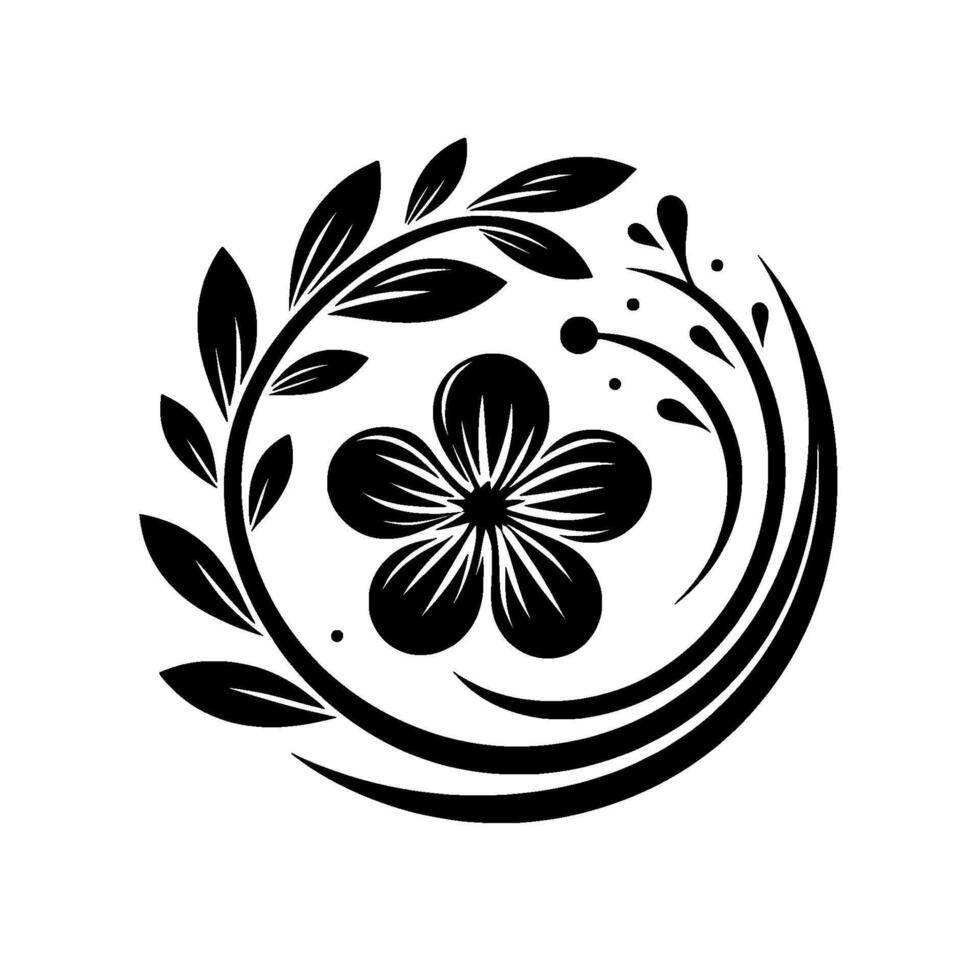 Monochromatic floral emblem A stylized black and white depiction of a fivepetaled flower encircled by stylized leaves and curling tendrils, exuding elegance. vector