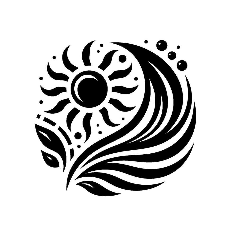 A stylized, circular black and white featuring a sun, waves, leaves, and bubbles, evoking a sense of harmony and natural elements. vector