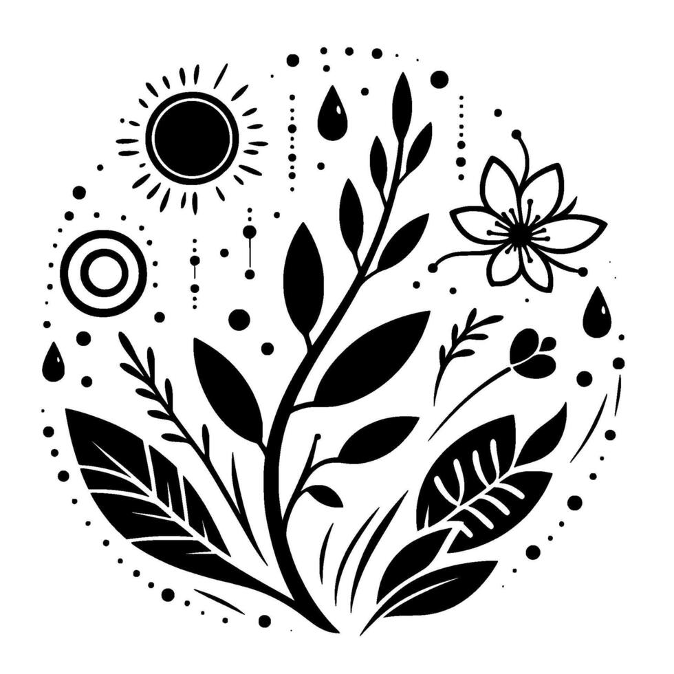 Circular black and white botanical illustration with stylized sun, leaves, flowers, raindrops, and dots, evoking natures beauty and simplicity. vector