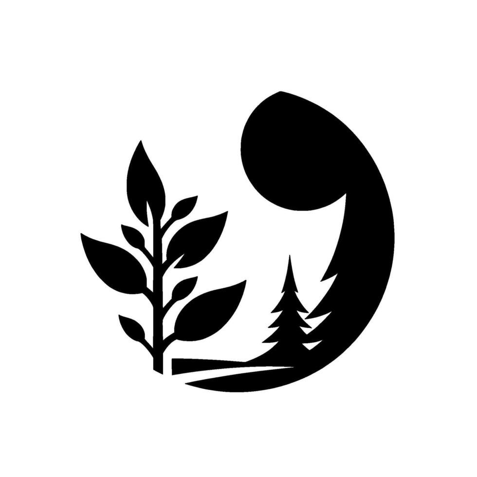 Black and White Minimalist Emblem A Delicate Leafy Branch Encircling Evergreen Forest Silhouettes Against a Bright Background. vector