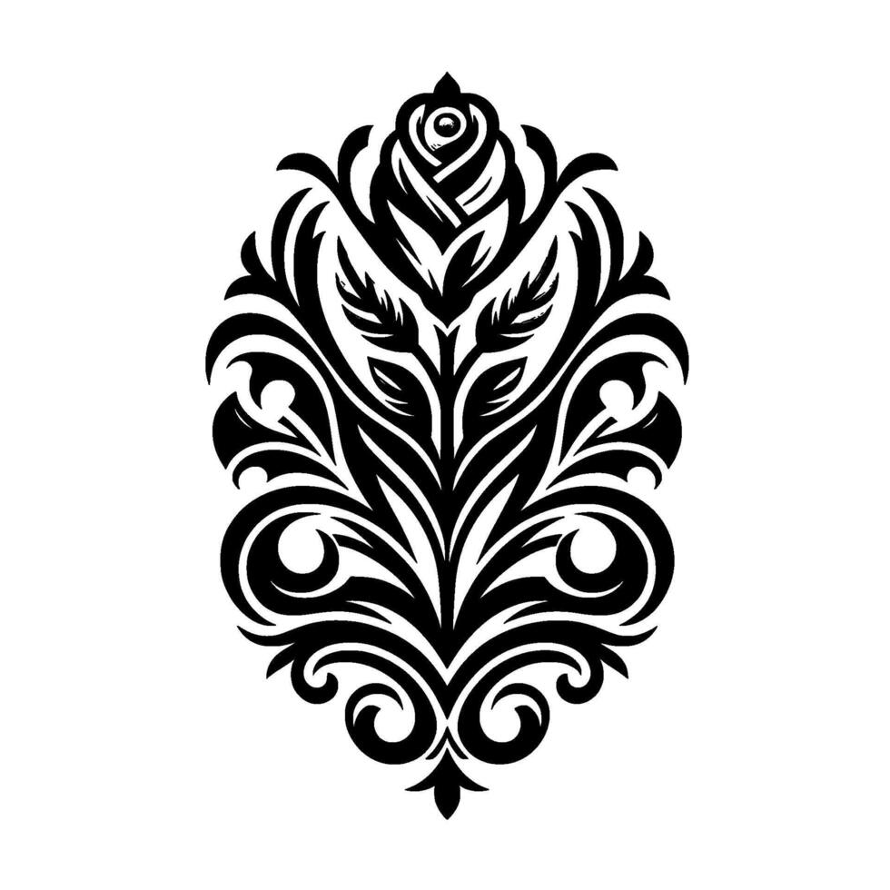 Intricate Black and White Floral Ornament in Oval Composition with Rose, Swirls, and Leafy Details. vector