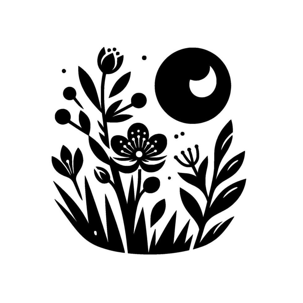 Simplified Black and White Floral Illustration Featuring Blooming Flowers, Leaves, and Celestial Body in a Round Composition, evoking a sense of nature and simplicity. vector