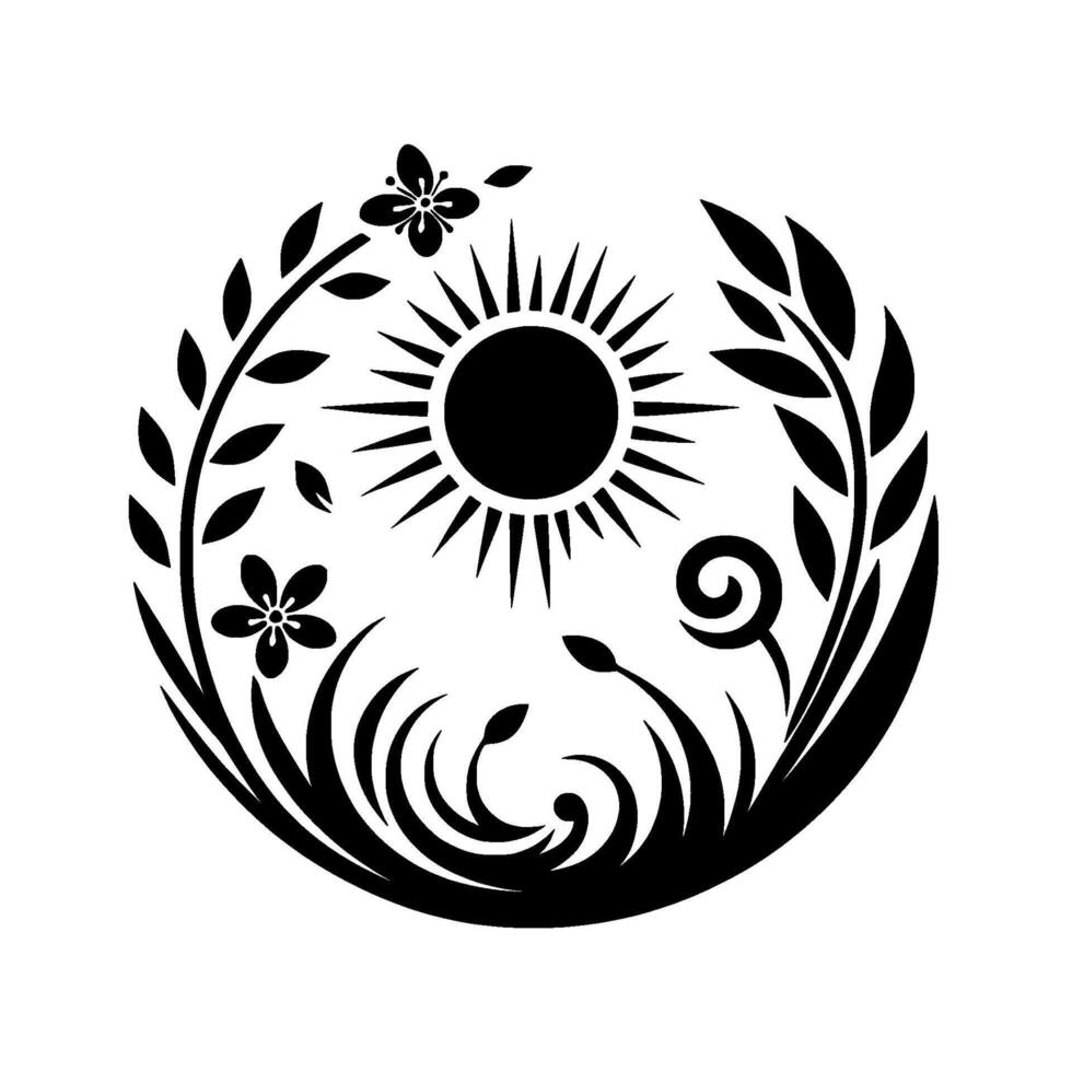A symmetrical black and white circular featuring a stylized sun, flowers, leaves, butterfly, and swirling grasses, representing growth and serenity. vector