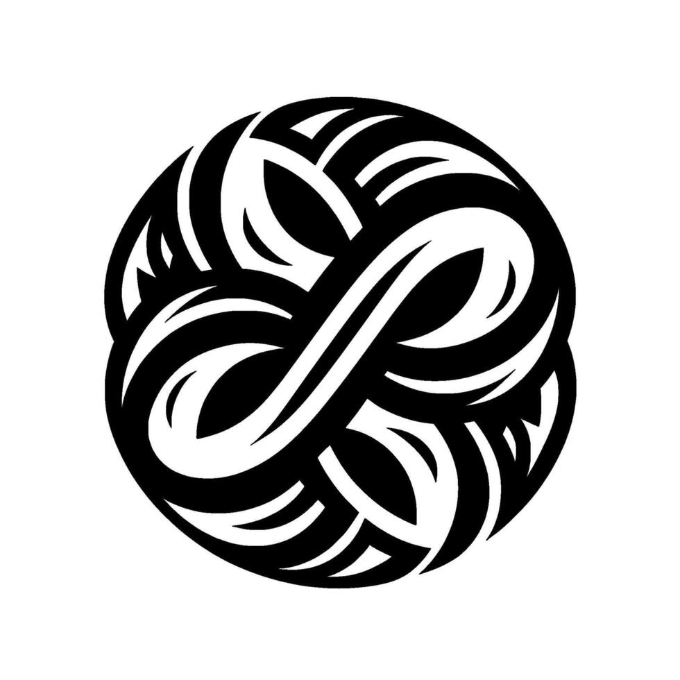 Intricate Black and White Intertwined Geometric Resembling a Circle, Featuring Continuous Flowing Lines and Abstract Shapes, Set Against a Clean White Background. vector