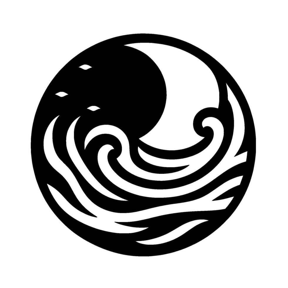 A stylized black and white circular emblem depicting a crescent moon embraced by curling waves with minimalist stars or droplets, symbolizing harmony. vector