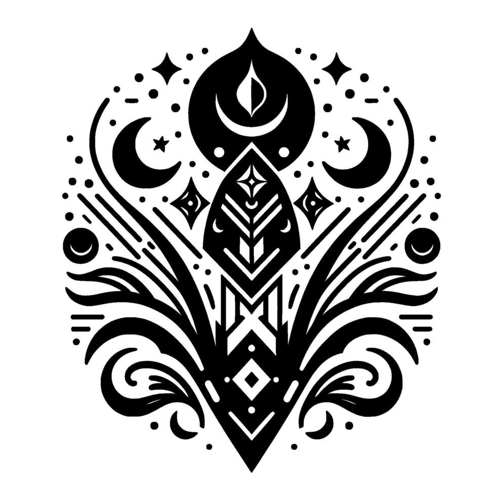 Mystical Black and White Ornament Sacred Geometry, Celestial Symbols, and Floral Elements vector