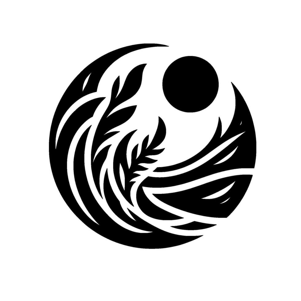 Black and White Stylized Nature in a Circular Composition with a Sun, Foliage, and Flowing Elements, Presenting a YinYang Inspired Balance. vector