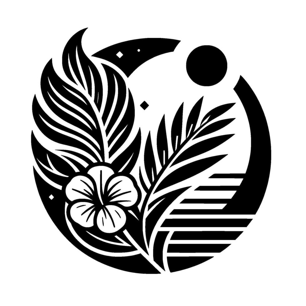 Black and White Floral Composition A stylized botanical illustration featuring a hibiscus flower, palm leaves, a rising sun, within a circular, geometric frame with subtle star and diamond embellishm vector