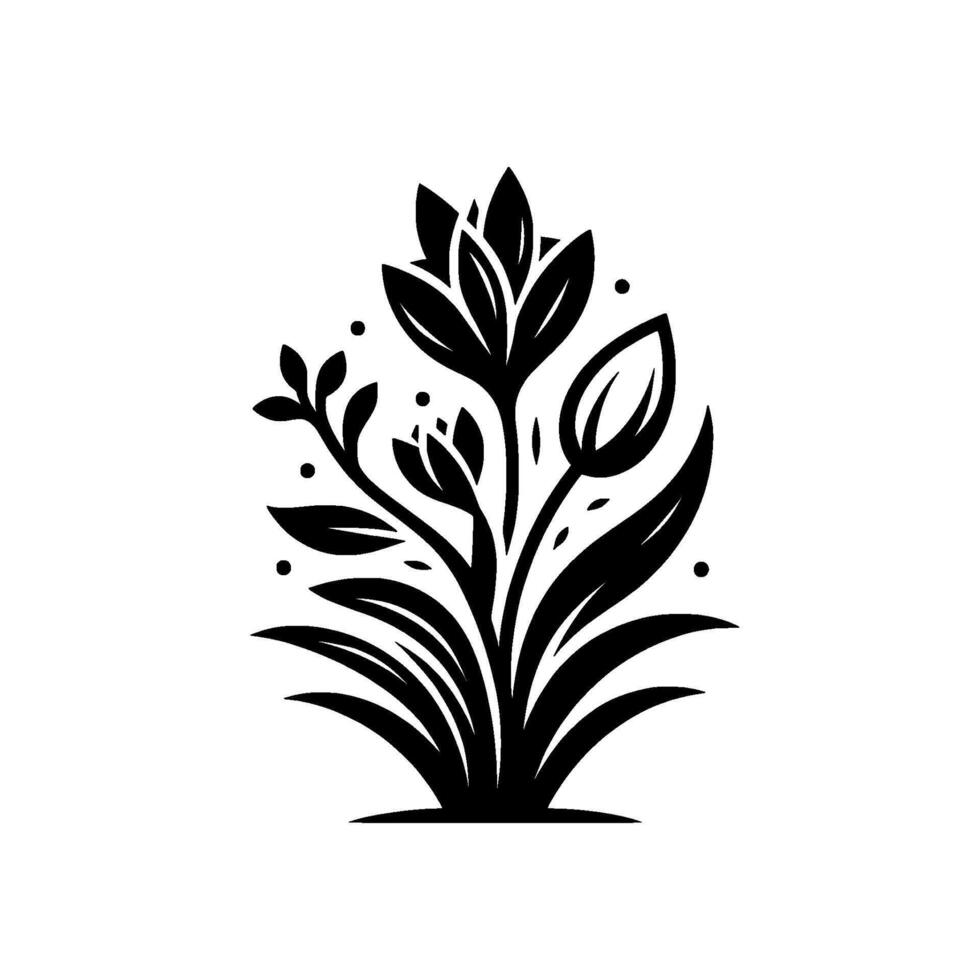 Intricate monochromatic floral illustration showcasing stylized plants, leaves, and buds arranged symmetrically against a clean white backdrop. vector
