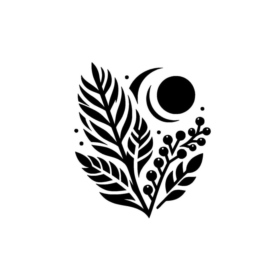 Black and White Minimalist Botanical Illustration with Leaves, Berries, Crescent Moon, and Dots, Exuding Serenity and Natural Harmony. vector