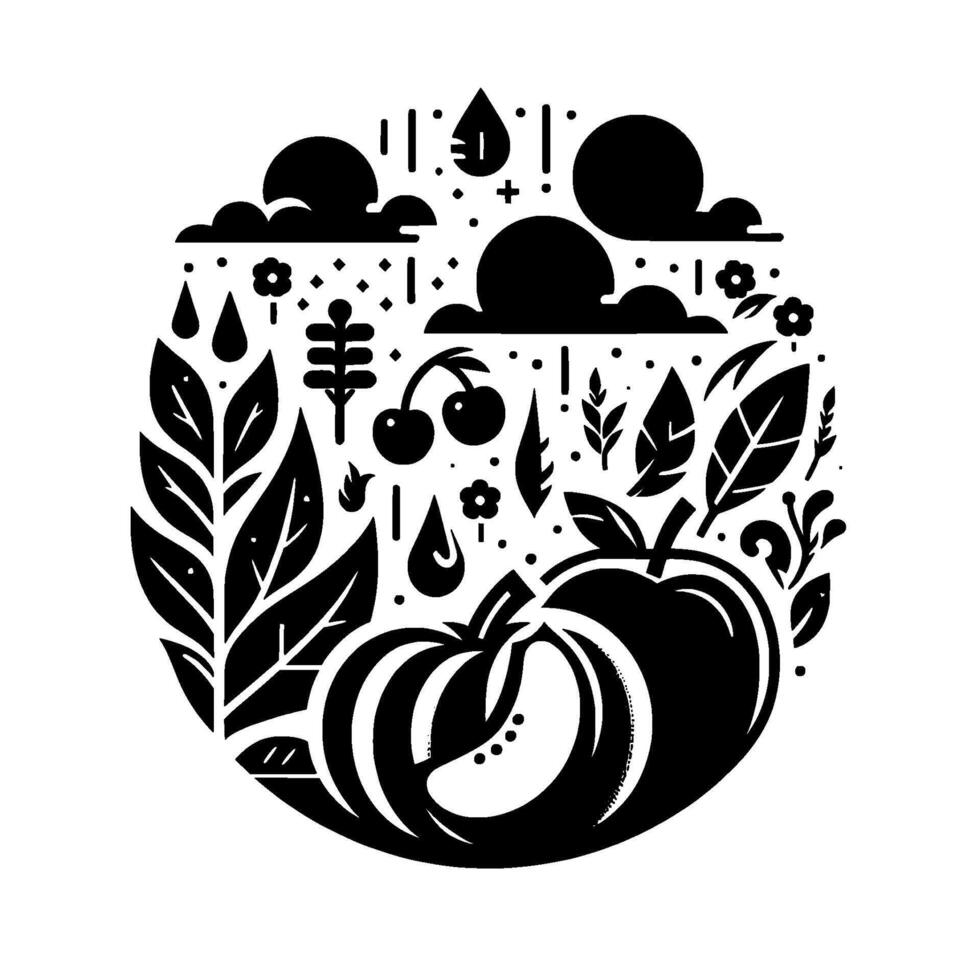 Stylized monochrome circular illustration depicting a bountiful harvest with apple, rain, clouds, cherries, leaves, and flowers in a minimalist style. vector