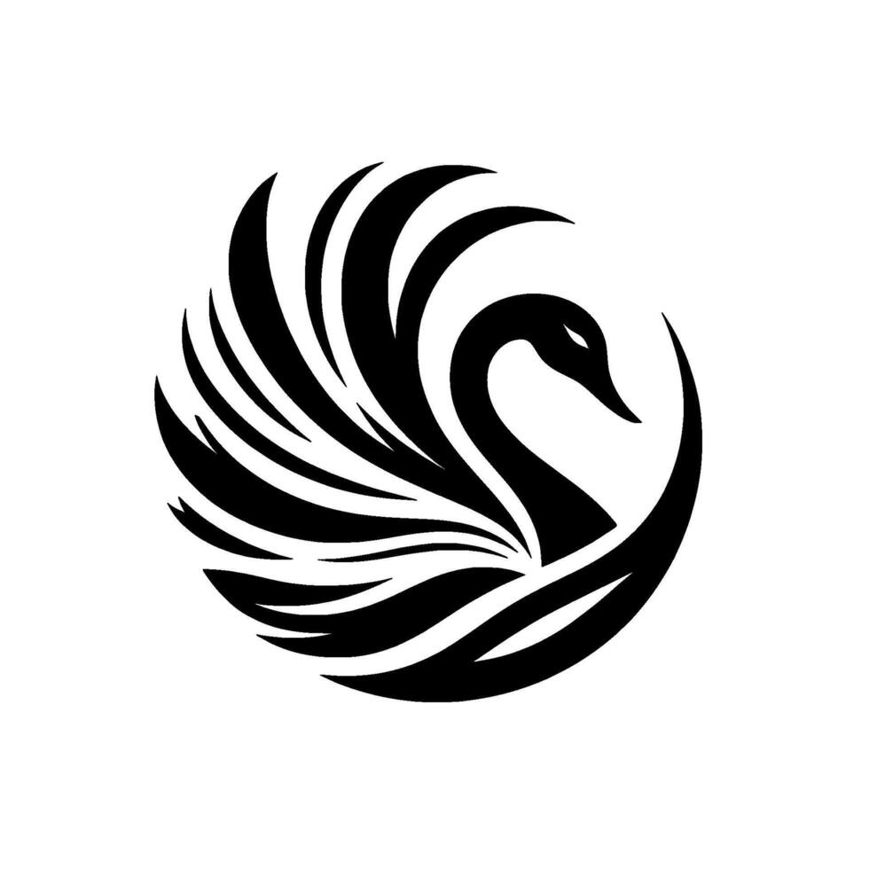 Elegant Black Swan Emblem Circular Silhouette, Curving Neck, Graceful Wings, Artistic on White Background. vector