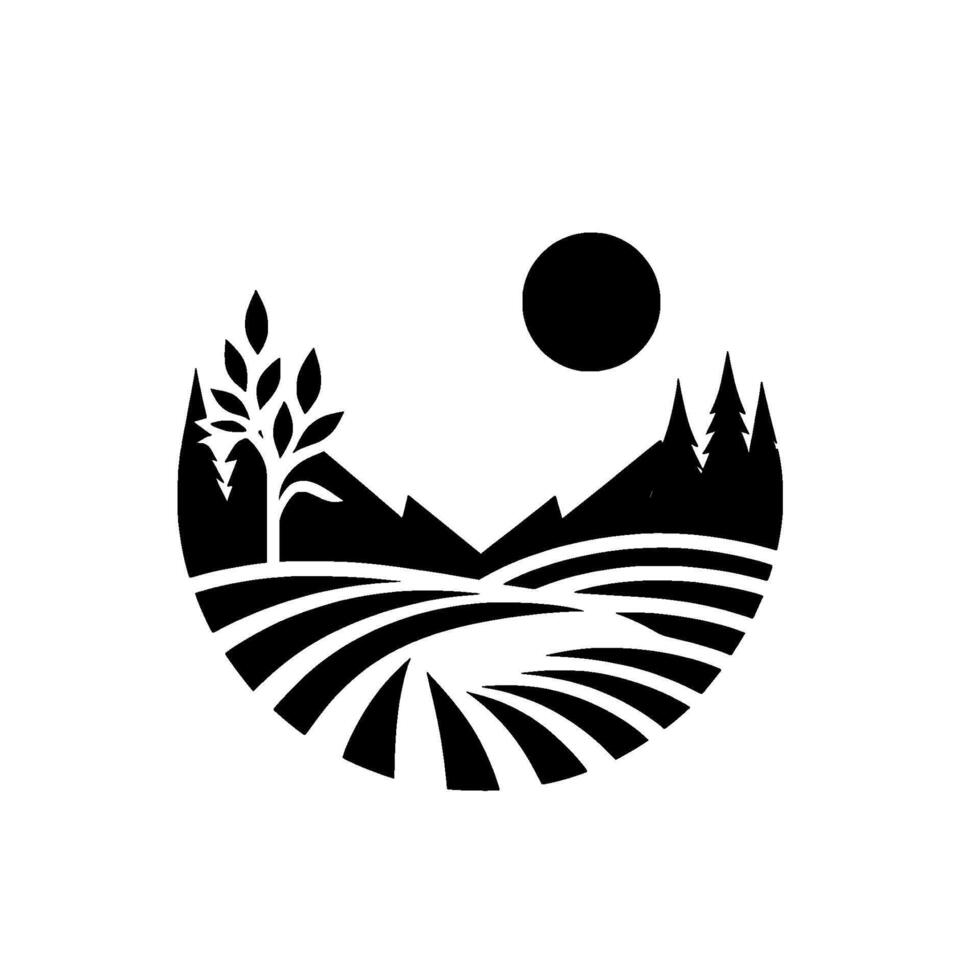A stylized black and white rural landscape inside a circle, featuring fields, trees, mountains, and a sun. vector