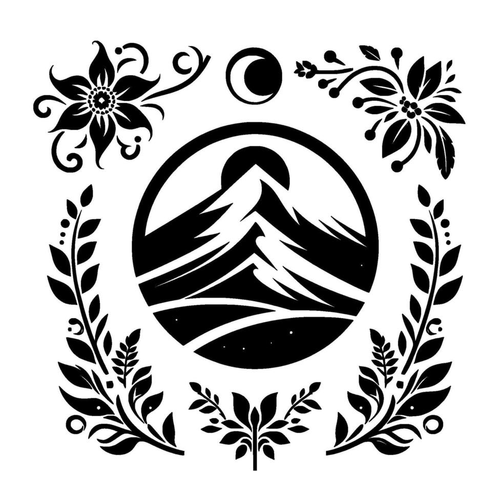 A symmetrical black and white stylized illustration depicting a mountain scene within a circle, flanked by floral and botanical elements, evoking natures tranquility. vector