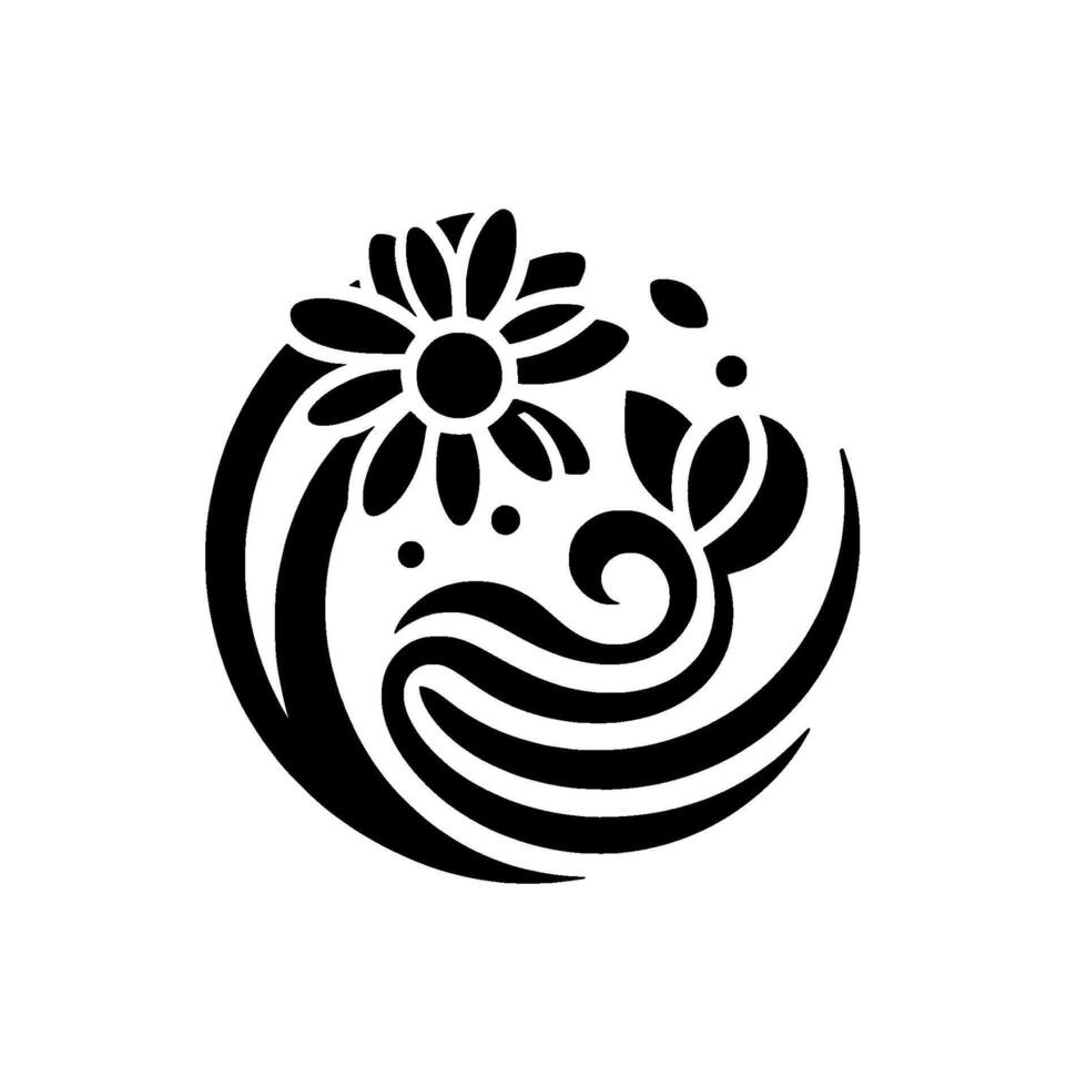 Minimalist Black and White Floral Featuring Daisylike Flower and Swirling Abstract Elements on a White Background. vector