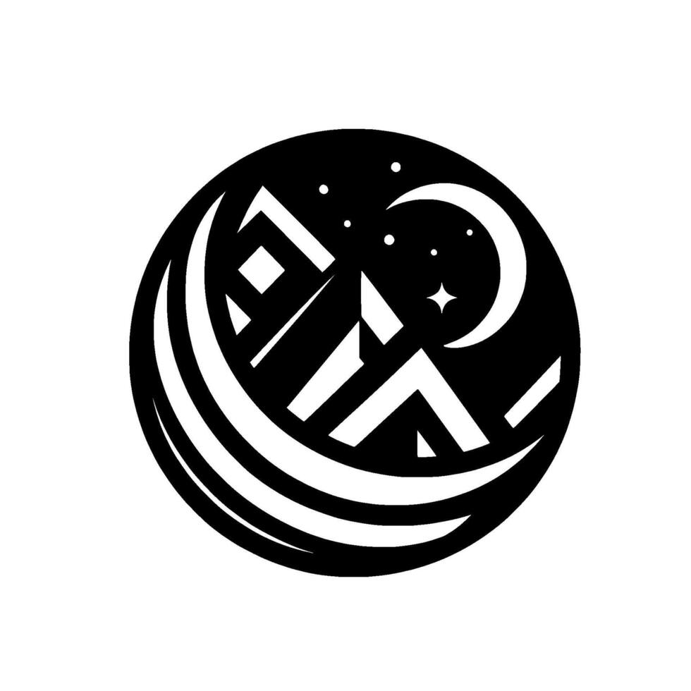 Stylized monochrome emblem showcasing a mountain range, crescent moon, stars, and celestial elements within a circular . vector