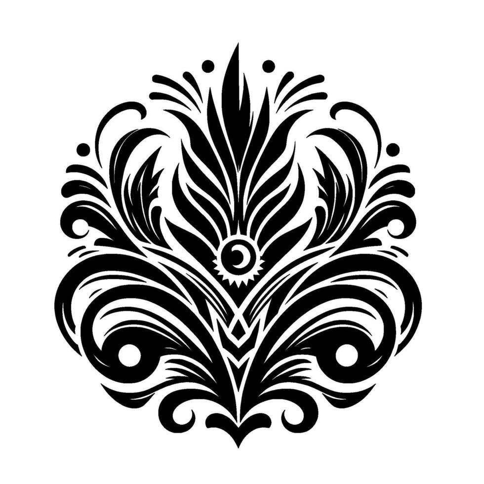Symmetrical Monochrome Floral Mandala Bold, Ornate Black Flourishes on White Background, Evoking Elegance and Decorative Appeal. vector
