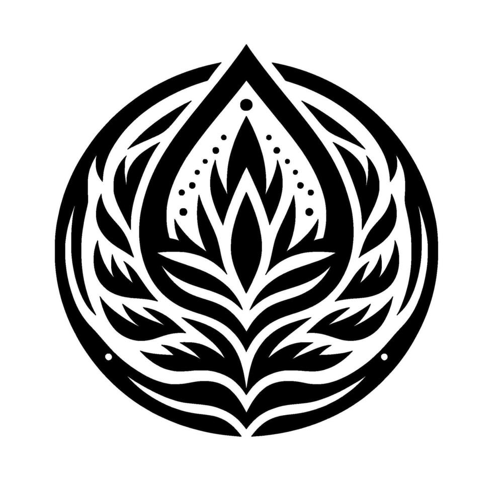 Bold Black and White Floral Mandala Symmetrical circular featuring stylized leaves, petals, and geometric accents with dotted details. vector