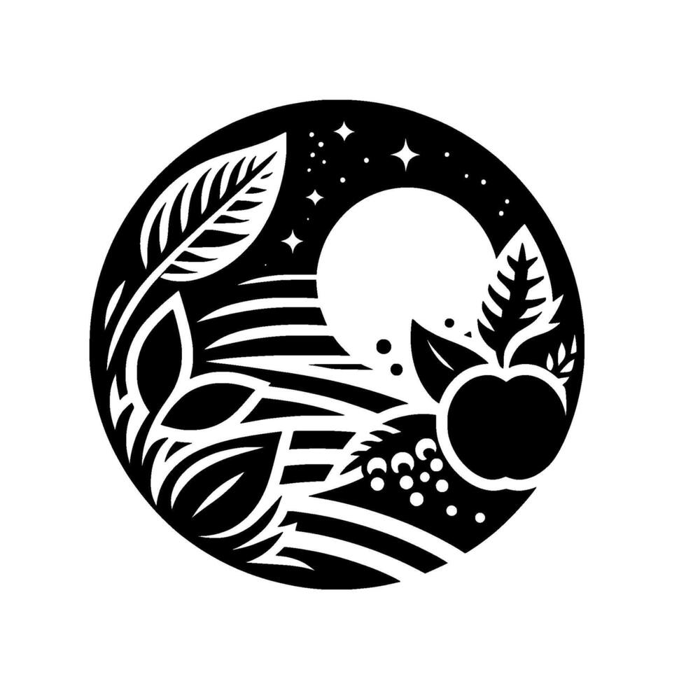 Black and White Circular Art Apple, Leaves, Grapes, Moon Stars, Natureinspired, Silhouette Composition. vector
