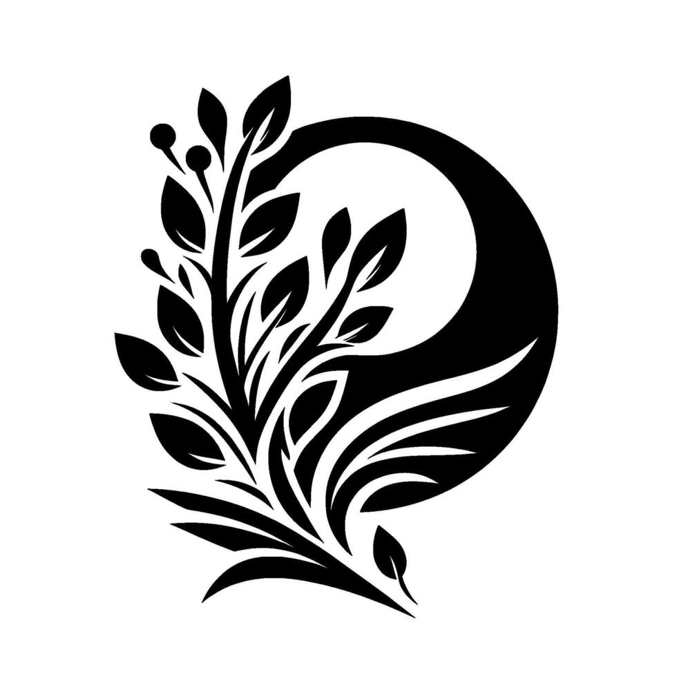 A stylized black and white illustration showcases a crescent moon shape intertwined with a detailed botanical arrangement, featuring leaves and berries. vector
