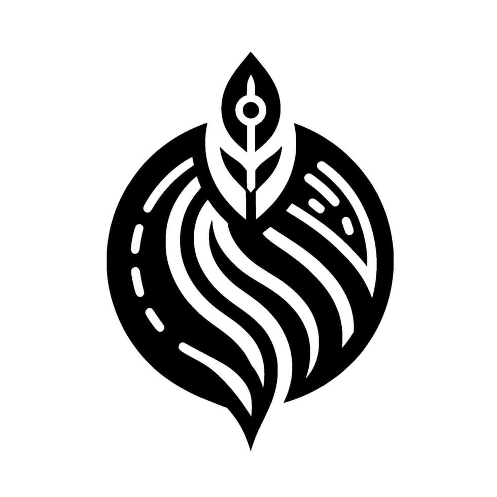 Abstract Black and White Depicting a Leaf Element Emerging from a Circular Form, Geometric and Minimalist Style vector