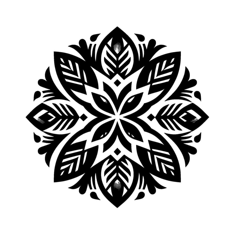 Intricate black and white symmetrical floral mandala , showcasing a detailed pattern of leaves, petals, and geometric shapes with a clean and minimalist aesthetic. vector