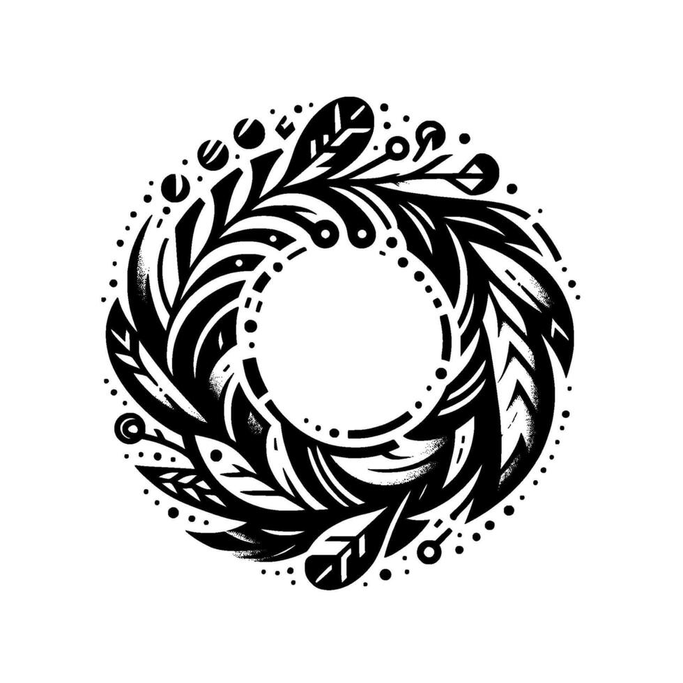 Intricate Black and White Circular Wreath Featuring Leaves, Dots, and Ornamental Floral Elements, Ideal for Emblems and Decorative Purposes. vector