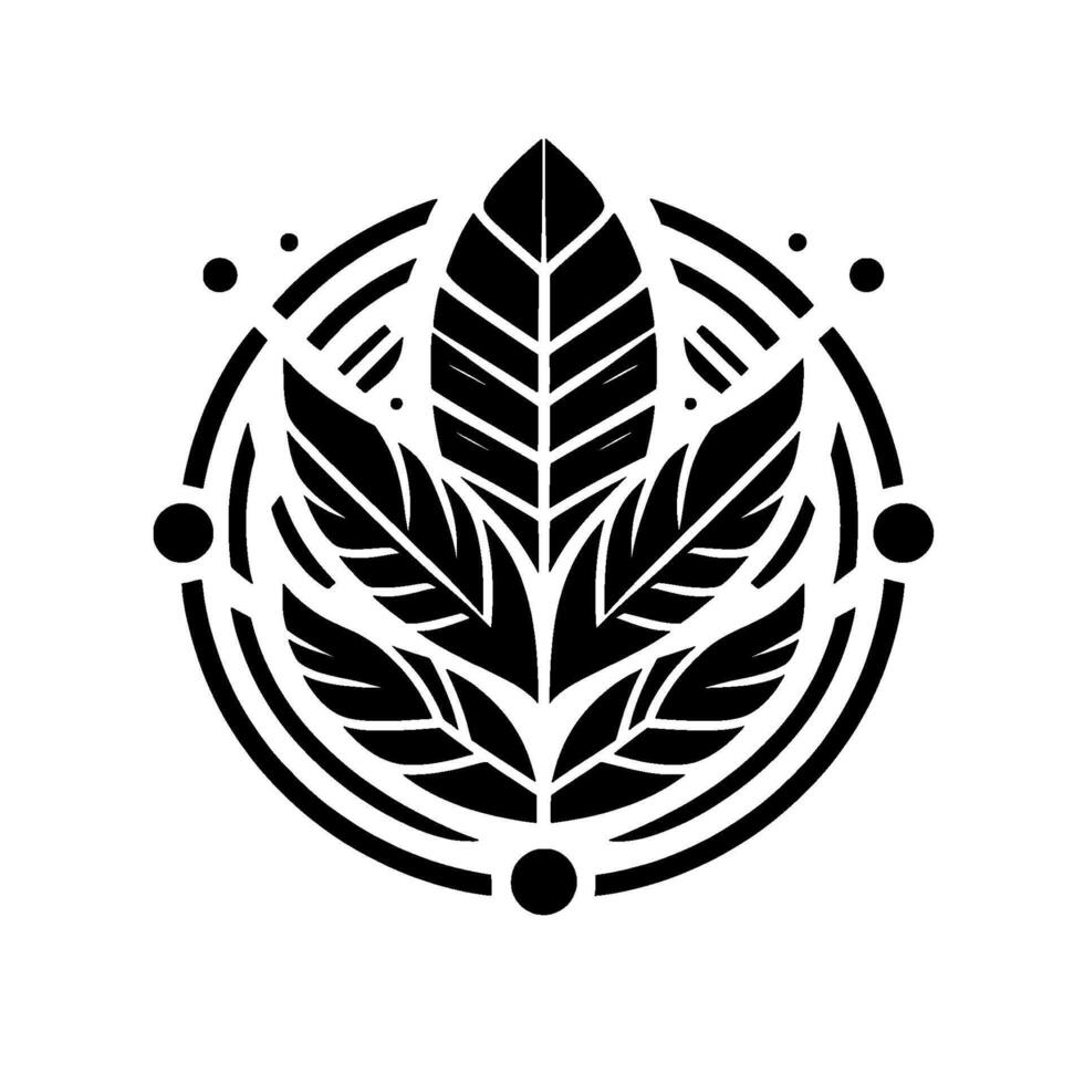Intricate minimalist featuring a stylized plant motif with leaves, encapsulated within a circular frame, accented by dots, rendered in bold black and white. vector