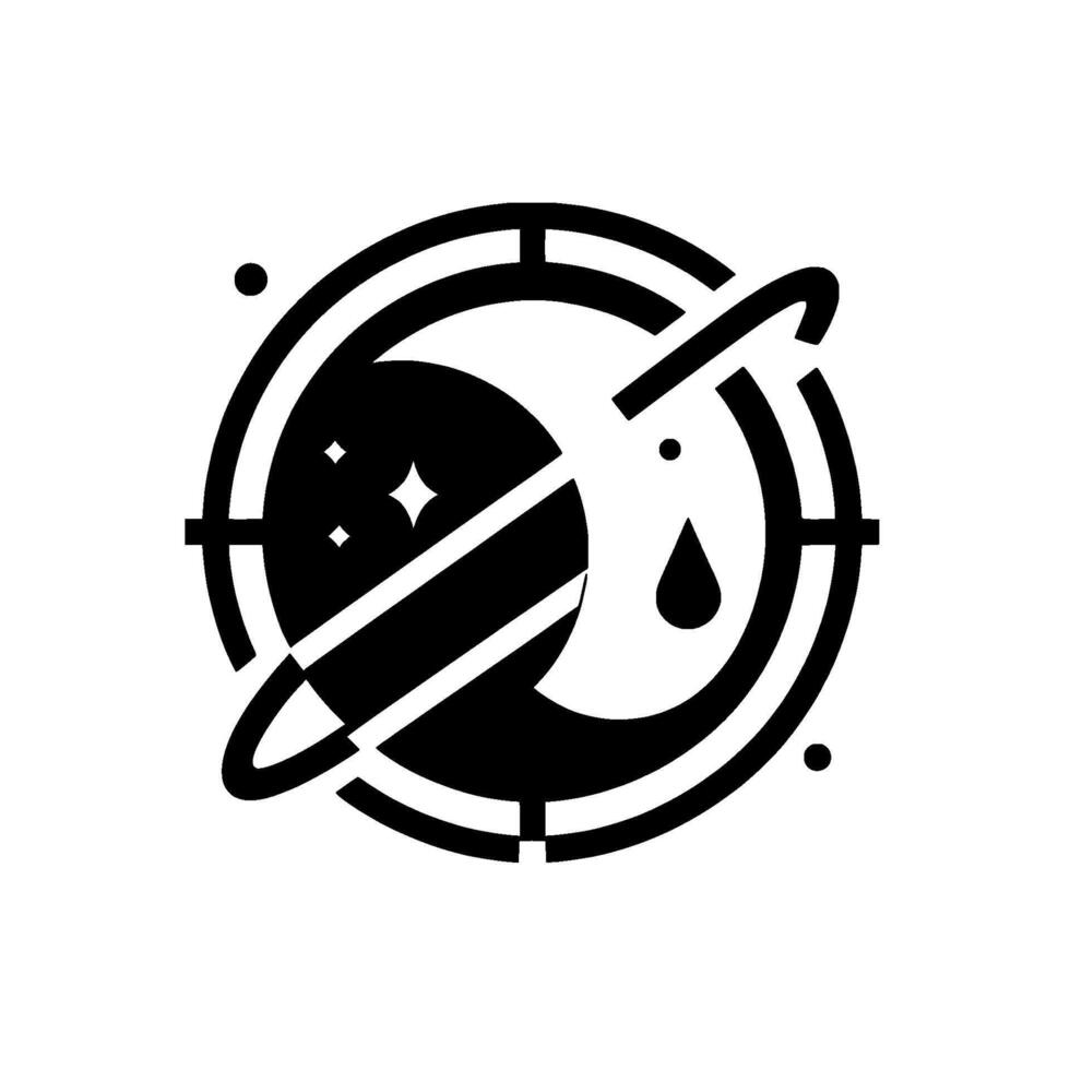 A minimalist, stylized featuring a weeping moon within a planet, a starry night sky, and orbital rings, framed by a targetlike . vector