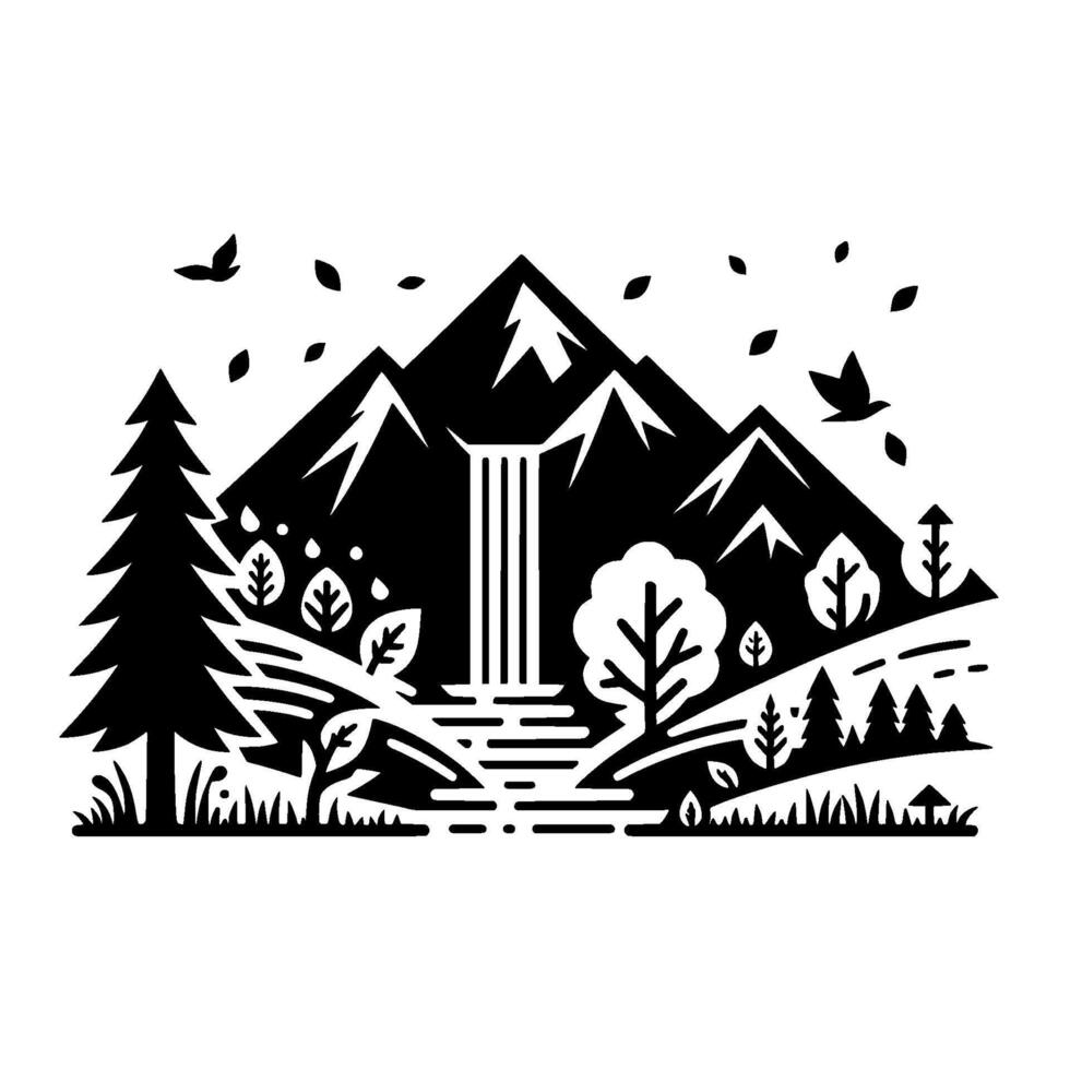 Serene Black and White Illustration of Mountain Landscape with Waterfall, Forest, Birds and Foliage in a Clean, Minimalist Style. vector