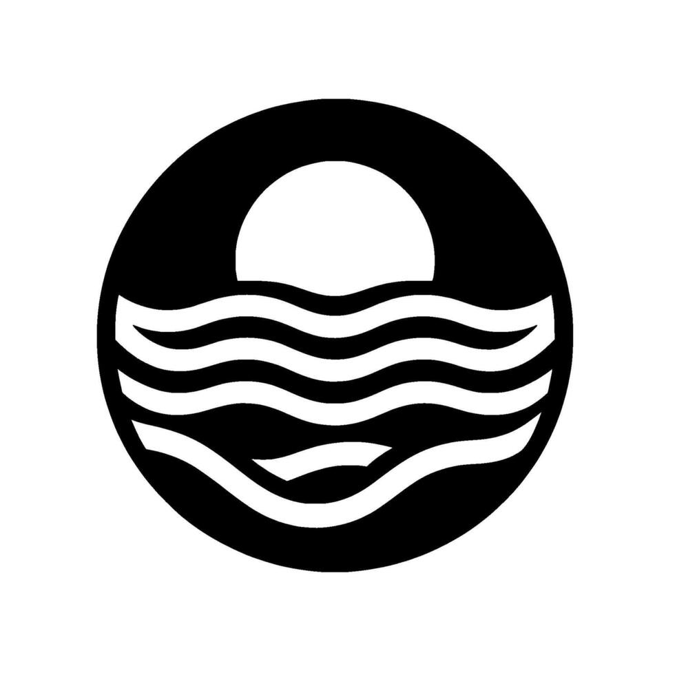 A minimalist black and white emblem depicting a stylized sunrise or sunset over wavy water, enclosed within a circular frame. vector