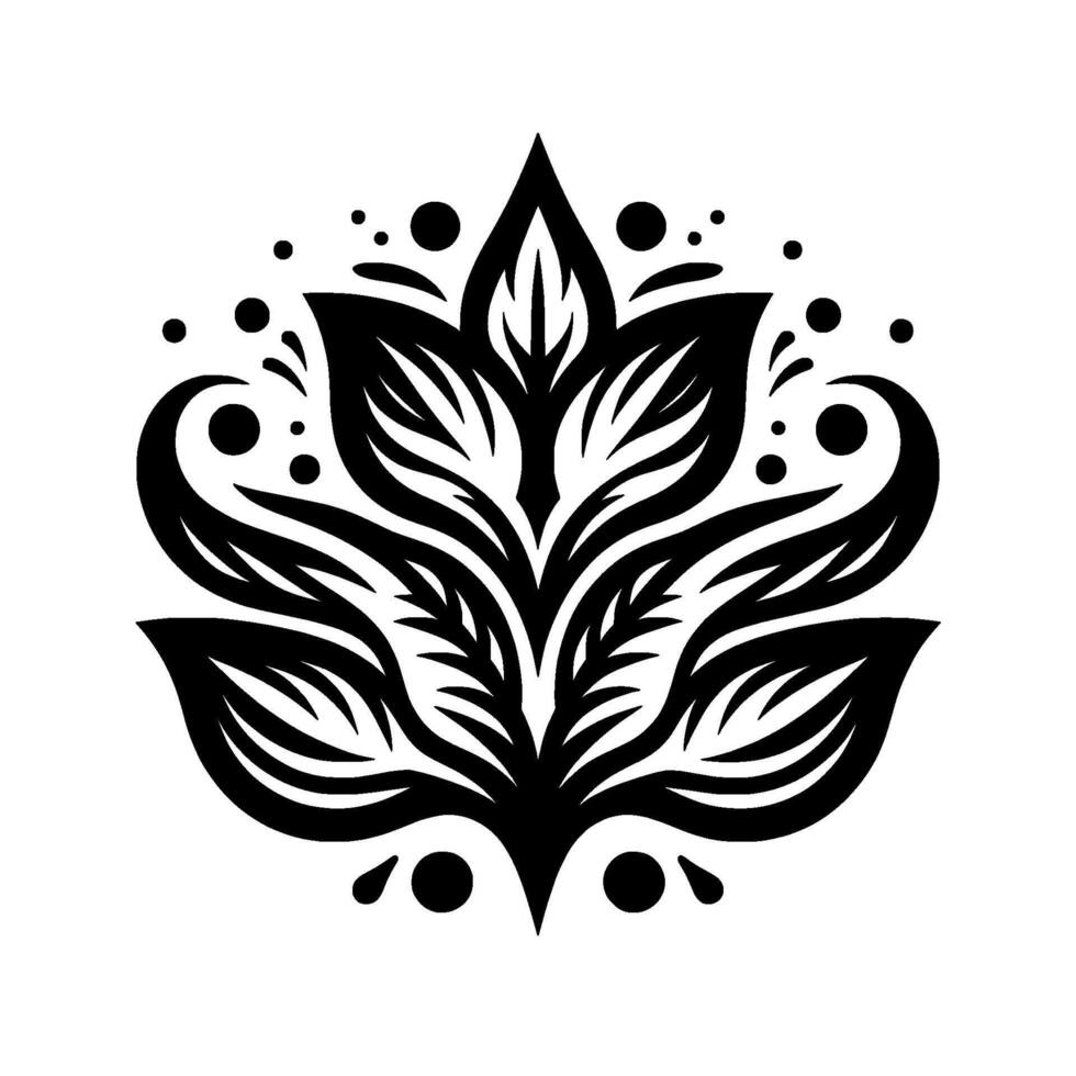 A symmetrical, elegant black and white floral with layered petal structures, curls, and decorative dots on a clean white background. vector