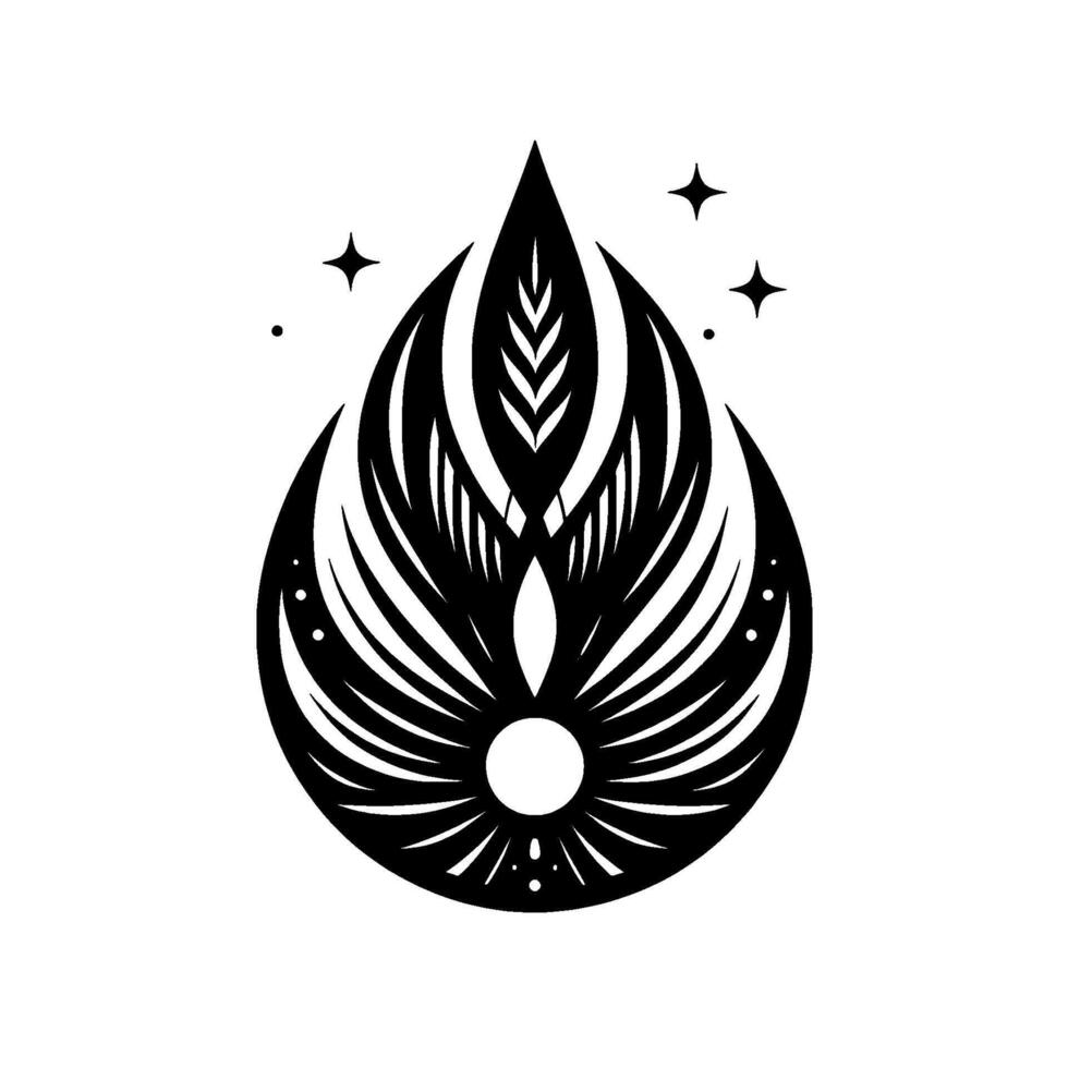 A symmetrical, black and white of a stylized teardrop containing an internal featherlike structure and surrounding, radiating lines, accompanied by stars. vector
