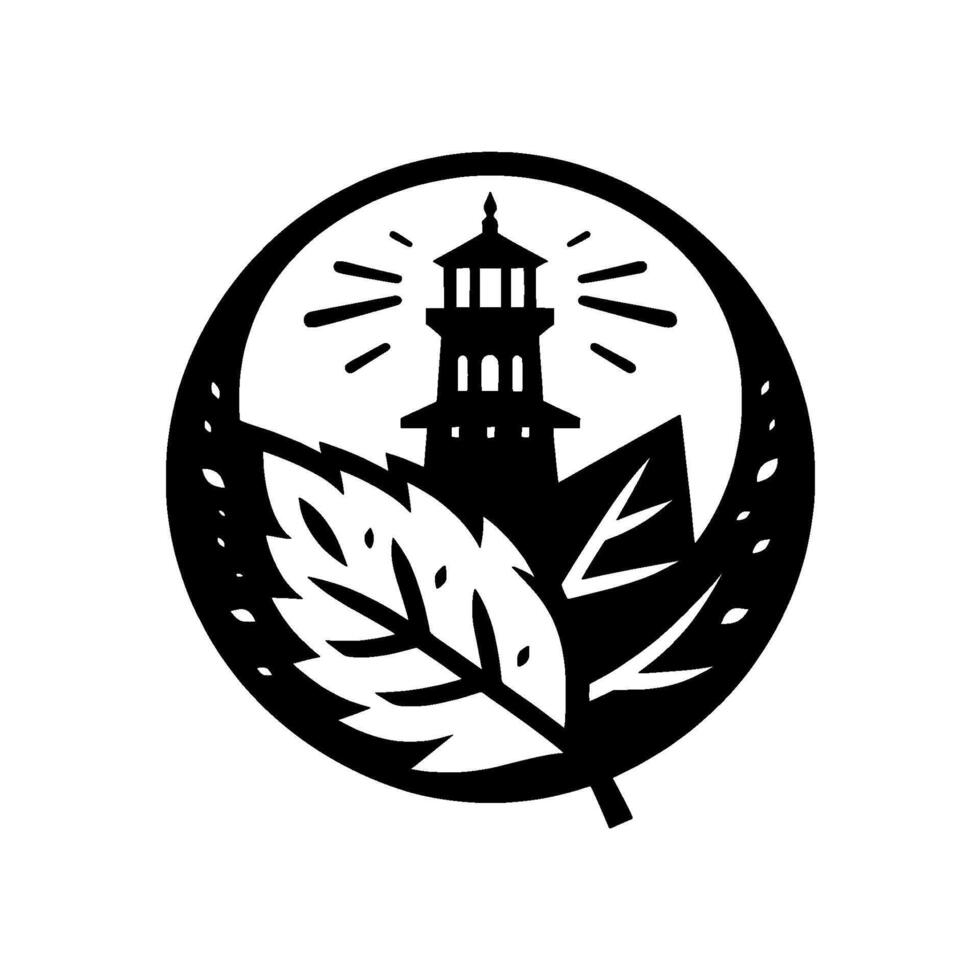 A minimalist, black and white emblem features a lighthouse, illuminating rays, nestled behind a stylized leaf within a circular frame. vector